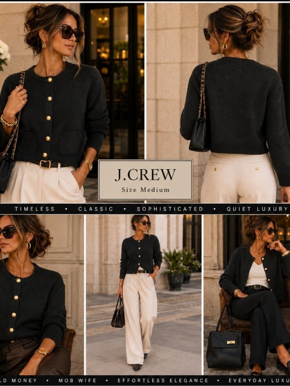 J.Crew Black Gold Crest Button Cardigan Women’s Medium Quiet Luxury Preppy